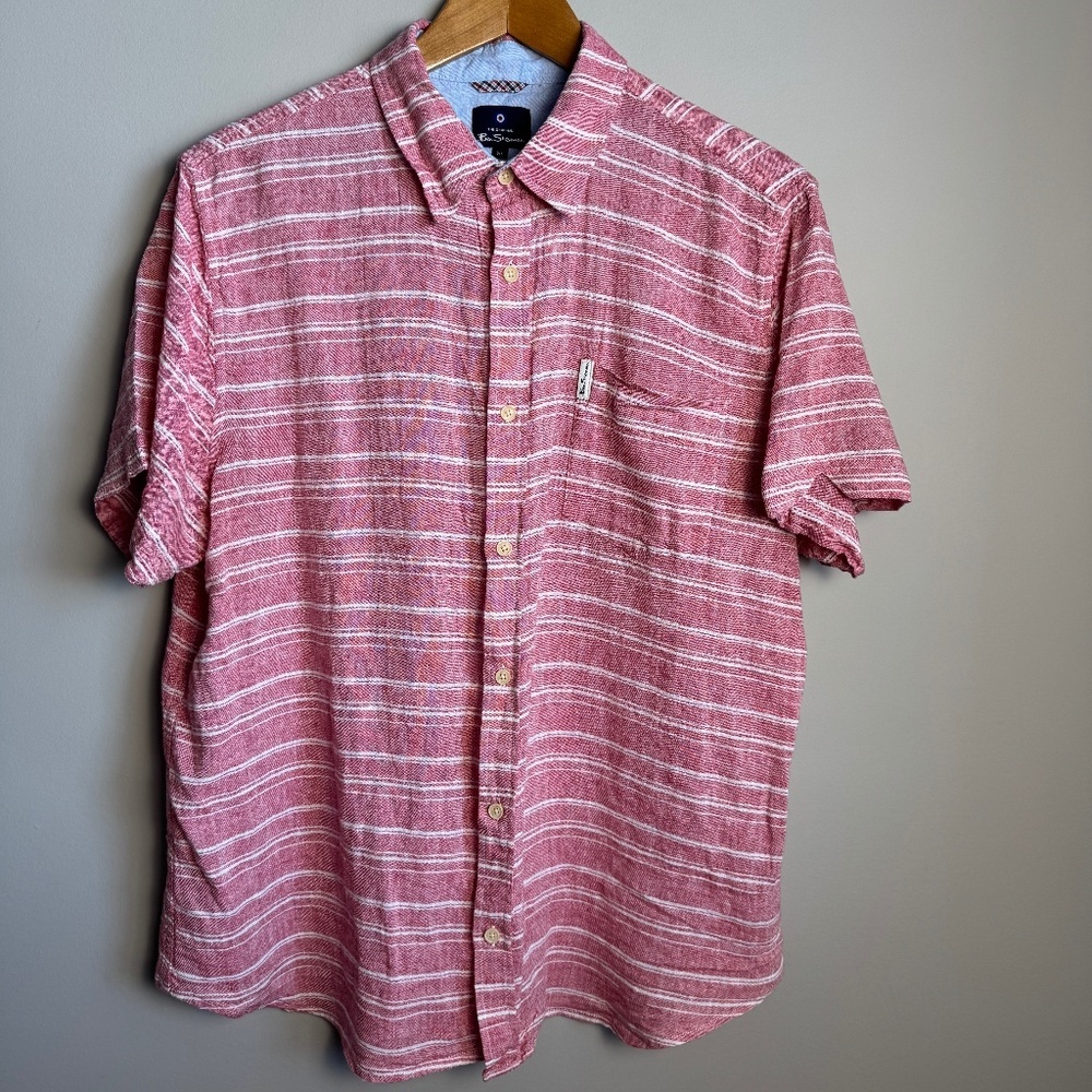 Ben Sherman Men's XL Linen Blend Beach Shirt Short Sleeve Button Up Pinkish-Red
